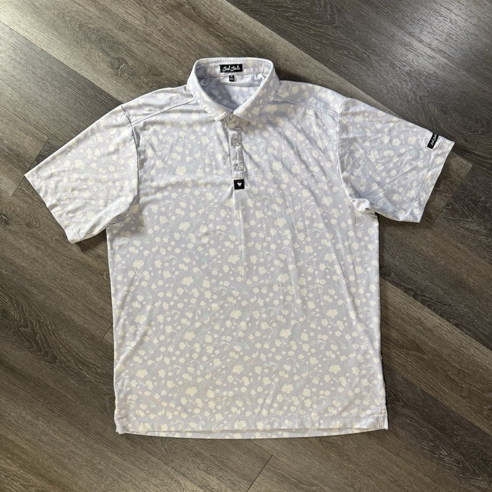 Bad Birdie Baby Lush Blue Polo Mens XL Floral Golf Shirt Lavender Performance